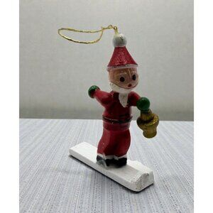 Santa on Skis Wooden Mini Ornament Christmas Skier Snowboarding Hand Painted